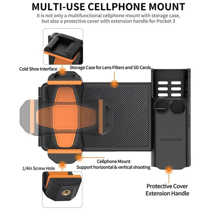 SUNNYLIFE OP3-AD744 For DJI Osmo Pocket 3 Expanded Cell Phone Holder with Storage Case, Action Camera Extension Handle with 1 / 4 Screw - 3