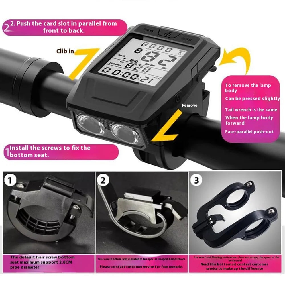 3 in 1 GPS Computer Front Light Horn For Mountain Bike Night Riding Lamp Cycling Speedometer Dual Bracket - 7