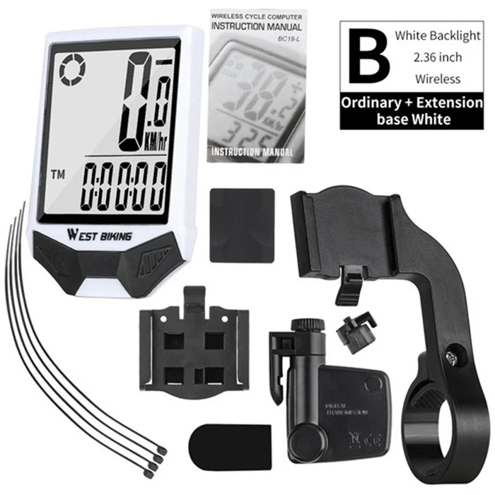 WEST BIKING Wireless Bicycle Computer Waterproof Dual Backlight Cycling Speedometer with Extension Bracket - White Backlight - 2