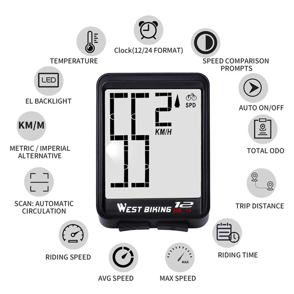 WEST BIKING 0702041 MTB Road Bike Computer Backlight Waterproof Wireless Cycling Speedometer - Black - 5