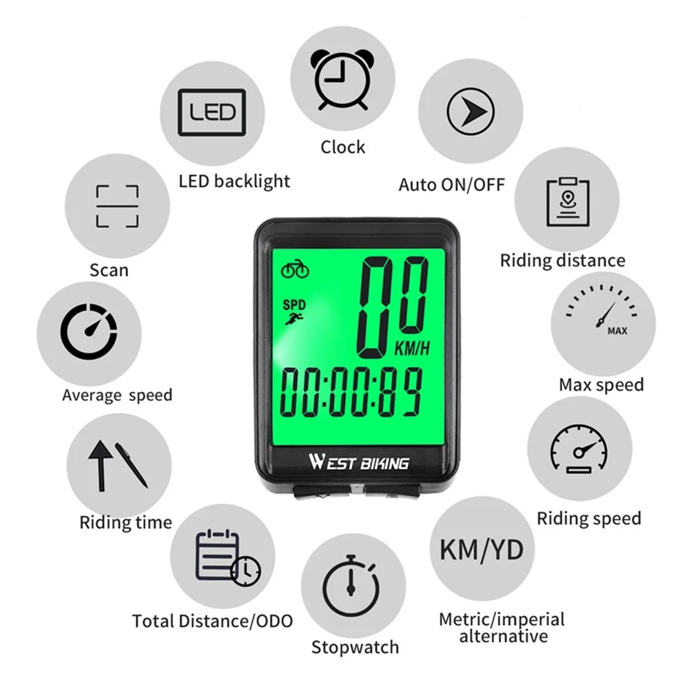 WEST BIKING Wireless Road MTB Bike Computer Screen Backlight Wateproof Speedometer - Green Backlight - 3