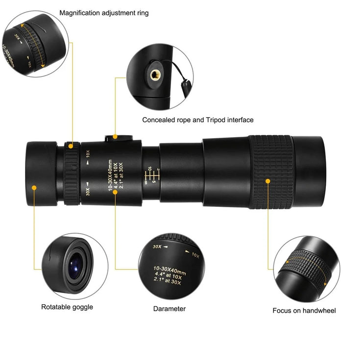 AM-D02 Portable Cell Phone Lens Monocular 10-30x40 BAK4 Prism Multi-Layer Coated Monocular Outdoor Waterproof Night Vision Monocular for Bird Watching - 6