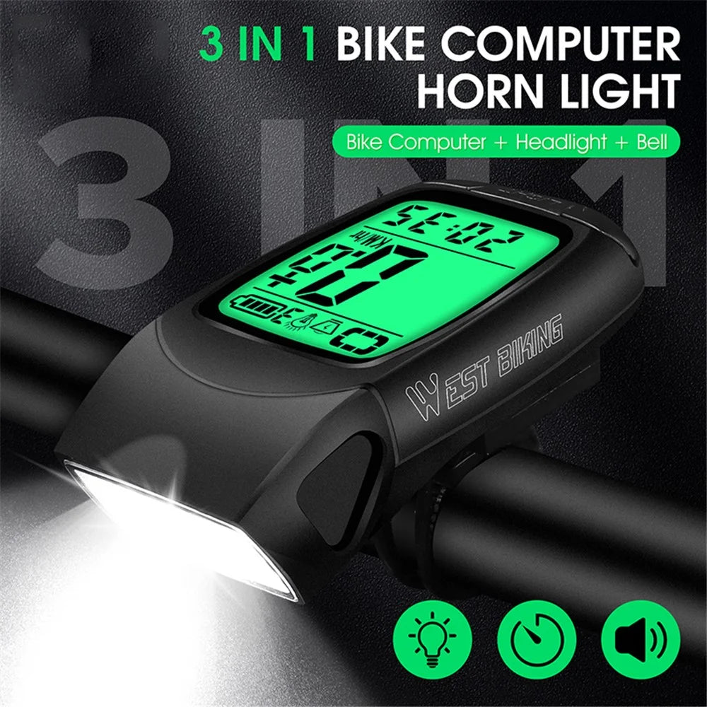 WEST BIKING YP0702095 3-in-1 Bike Computer Headlight Horn Bicycle Cycling Wireless Digital Odometer - 3