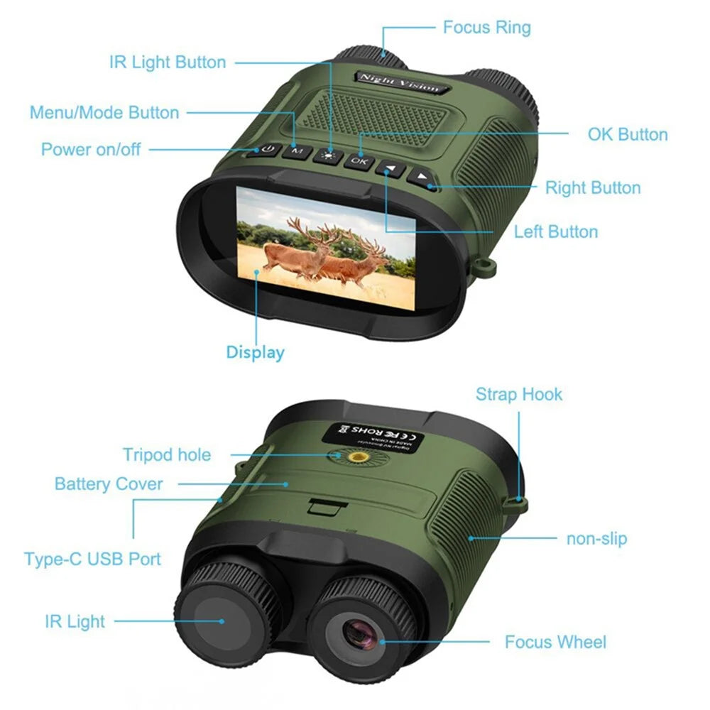 DT29 3-inch HD Photograph Infrared Binoculars for Bird Watching, Recording, Digital Binoculars with Night Vision - Army Green - 7