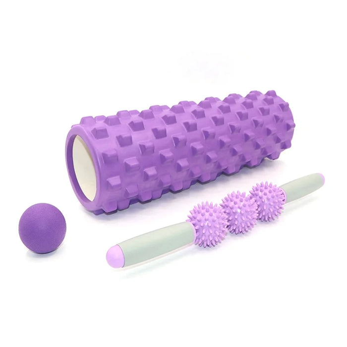 3-in-1 45cm Yoga Column Fitness Set Hollow Core Pilates Massage Roller Plantar Fasciitis Ball Yoga Ball Stress Relief Muscle Relax Exercise Kit - Purple - 1