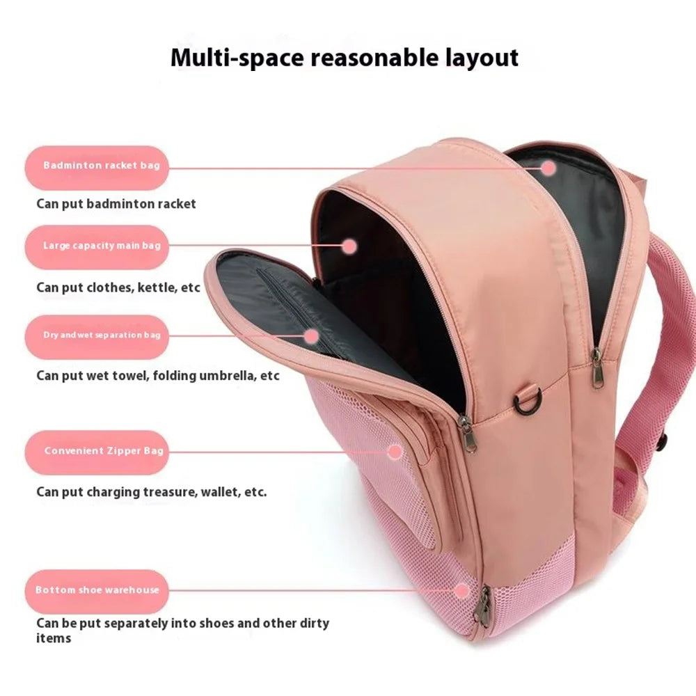 Tennis Badminton Sports Bag Racket Storage Nylon Backpack with Shoe Compartment, 31x19x46cm - Pink - 5