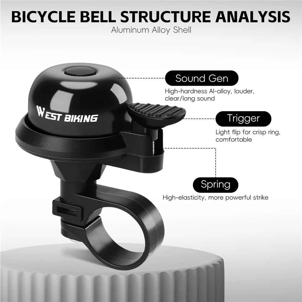 WEST BIKING Aluminum Alloy Bicycle Bell for Road Mountain Bike Horn Waterproof Safety Warning Alarm - Black / Style A - 6