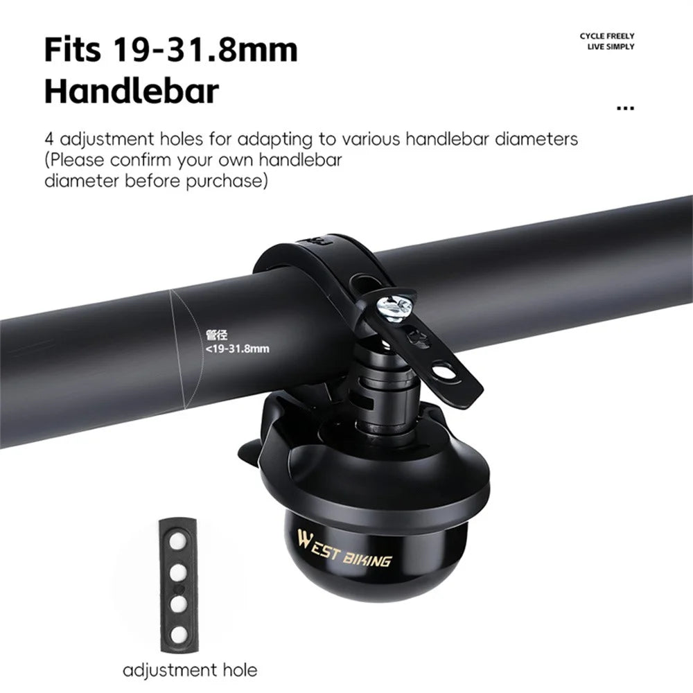 WEST BIKING YP0706069 Bicycle Bell Clear Sound Mini Brass Bell Adjustable Mount for 19-31.8mm Handlebar - Black - 6