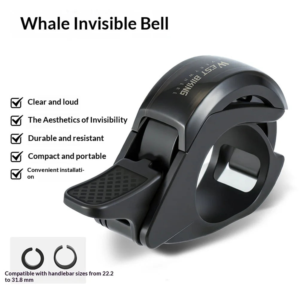 WEST BIKING YP0706076 Aluminum Alloy Bike Bell Whale Design Invisible Bell for Mountain Road Bike Handlebar 22.2-31.8mm - Black - 2