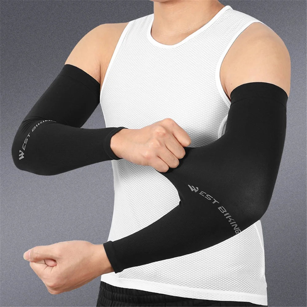 WEST BIKING 1 Pair Outdoor Sports Ice Silk Cooling Sleeves High Stretch Sun Protection Arm Cover - Black - 4