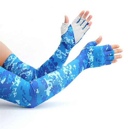UV Protection Cooling Sleeves Half Finger Gloves Arm Sleeves Men Women Sports Sun Sleeves with Thumb Hole for Driving Golfing Fishing Cycling Hiking Doing Sports - Blue Camouflage - 1