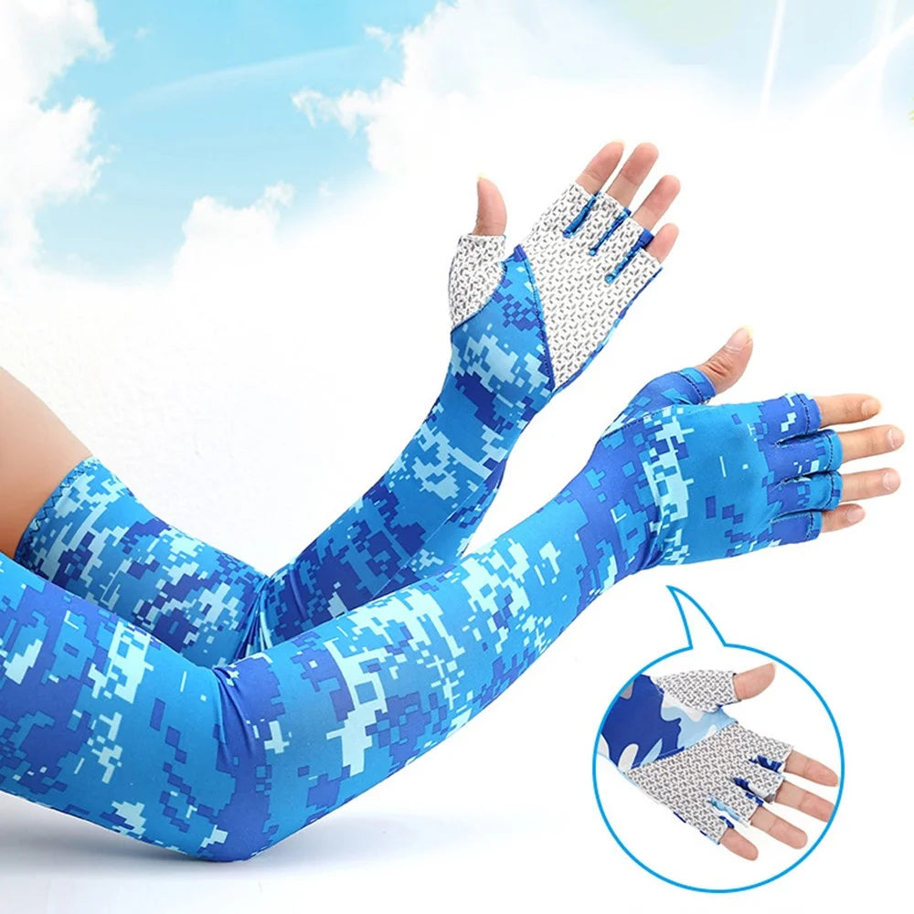 UV Protection Cooling Sleeves Half Finger Gloves Arm Sleeves Men Women Sports Sun Sleeves with Thumb Hole for Driving Golfing Fishing Cycling Hiking Doing Sports - Blue Camouflage - 2