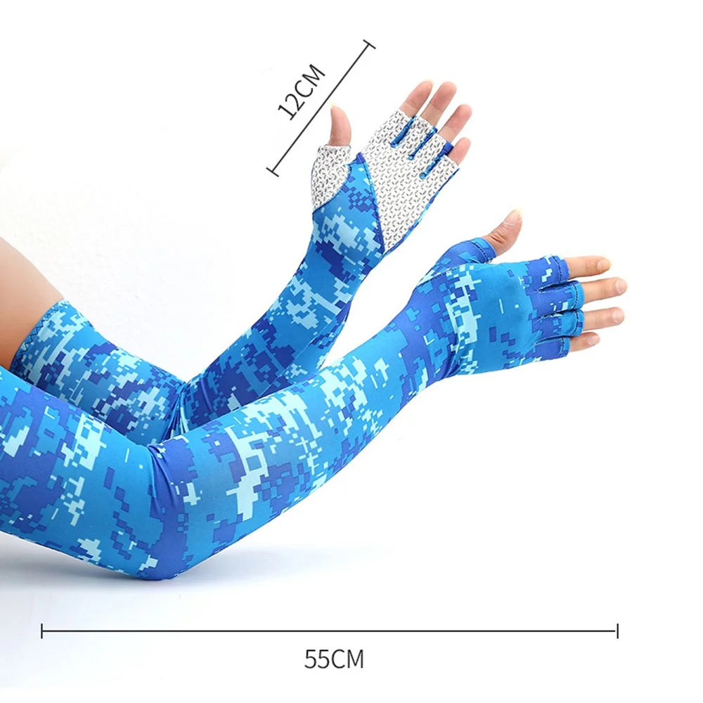 UV Protection Cooling Sleeves Half Finger Gloves Arm Sleeves Men Women Sports Sun Sleeves with Thumb Hole for Driving Golfing Fishing Cycling Hiking Doing Sports - Blue Camouflage - 3
