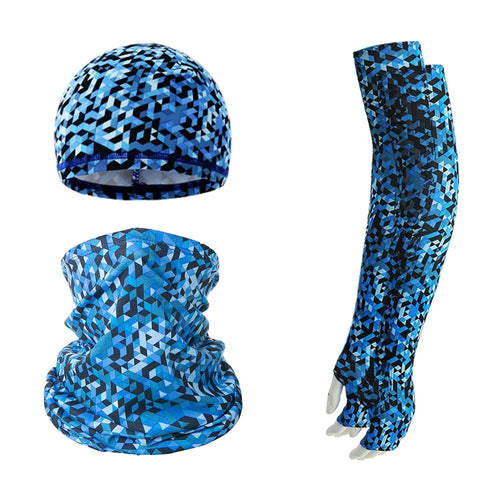 Summer Anti-UV Breathable Ice Silk Sun-proof Cycling Arm Sleeves+Liner Cap+Neck Gaiter Set - Sapphire Blue Grid - 1