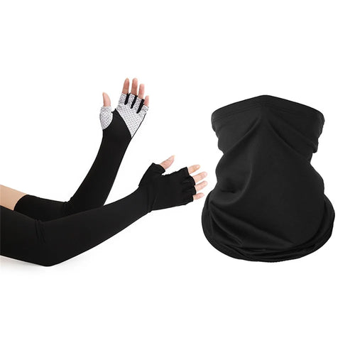 Summer Outdoor Cycling Sun-proof Ice Silk Cooling Half-Finger Arm Sleeves+Magic Scarf Set - Black - 1