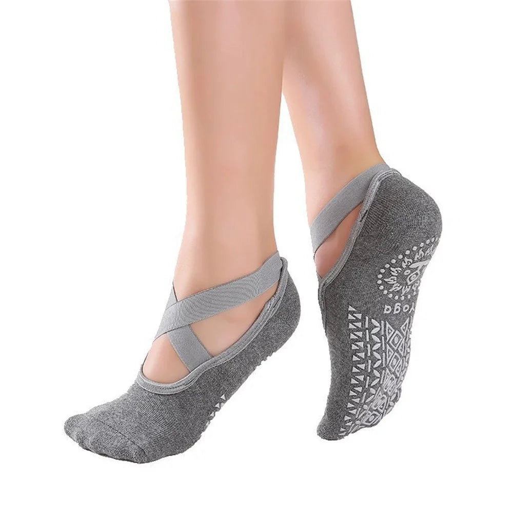 Women Non-slip Yoga Socks Criss Cross Pilates Socks for Ballet Dance Fitness - Grey - 1