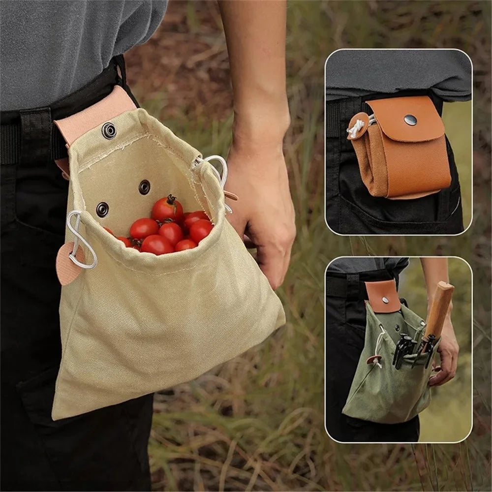 HALIN Fruit Picking Bag Waist Hanging Drawstring Canvas Foraging Pouch for Outdoor Camping Picnic - Khaki - 2