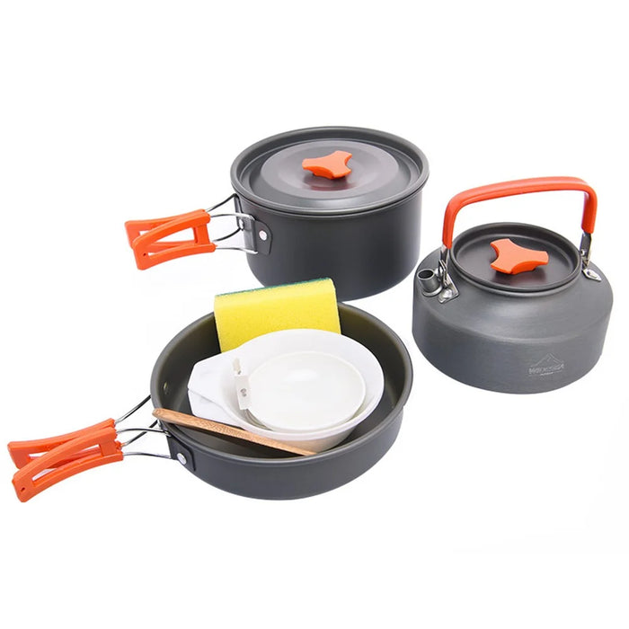 WIDESEA WSC-203J Suitable for 2-3 People Aluminum Camping Cookware Set Lightweight Outdoor Picnic Boiling Pot Teapot Frying Pan (BPA-free, No FDA Certified) - Grey/Orange - 1