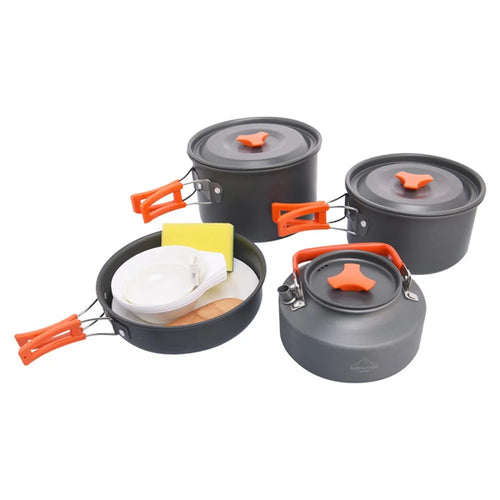 WIDESEA WSC-205J Portable Handle Pan Temperature Resistant Camping Pot Cookware Set with Water Bottle for 3-4 People (No FDA, BPA-Free) - Grey/Orange - 1