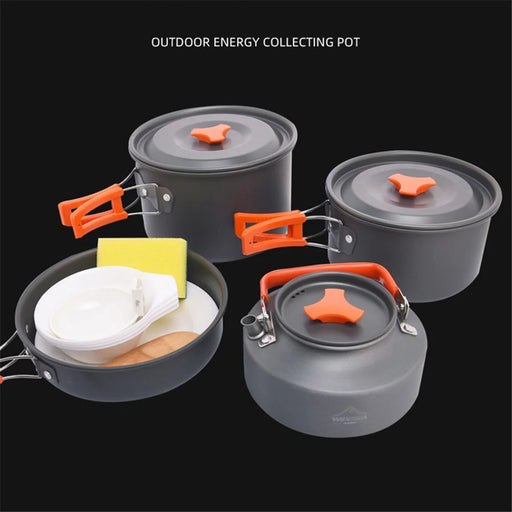 WIDESEA WSC-205J Portable Handle Pan Temperature Resistant Camping Pot Cookware Set with Water Bottle for 3-4 People (No FDA, BPA-Free) - Grey/Orange - 2