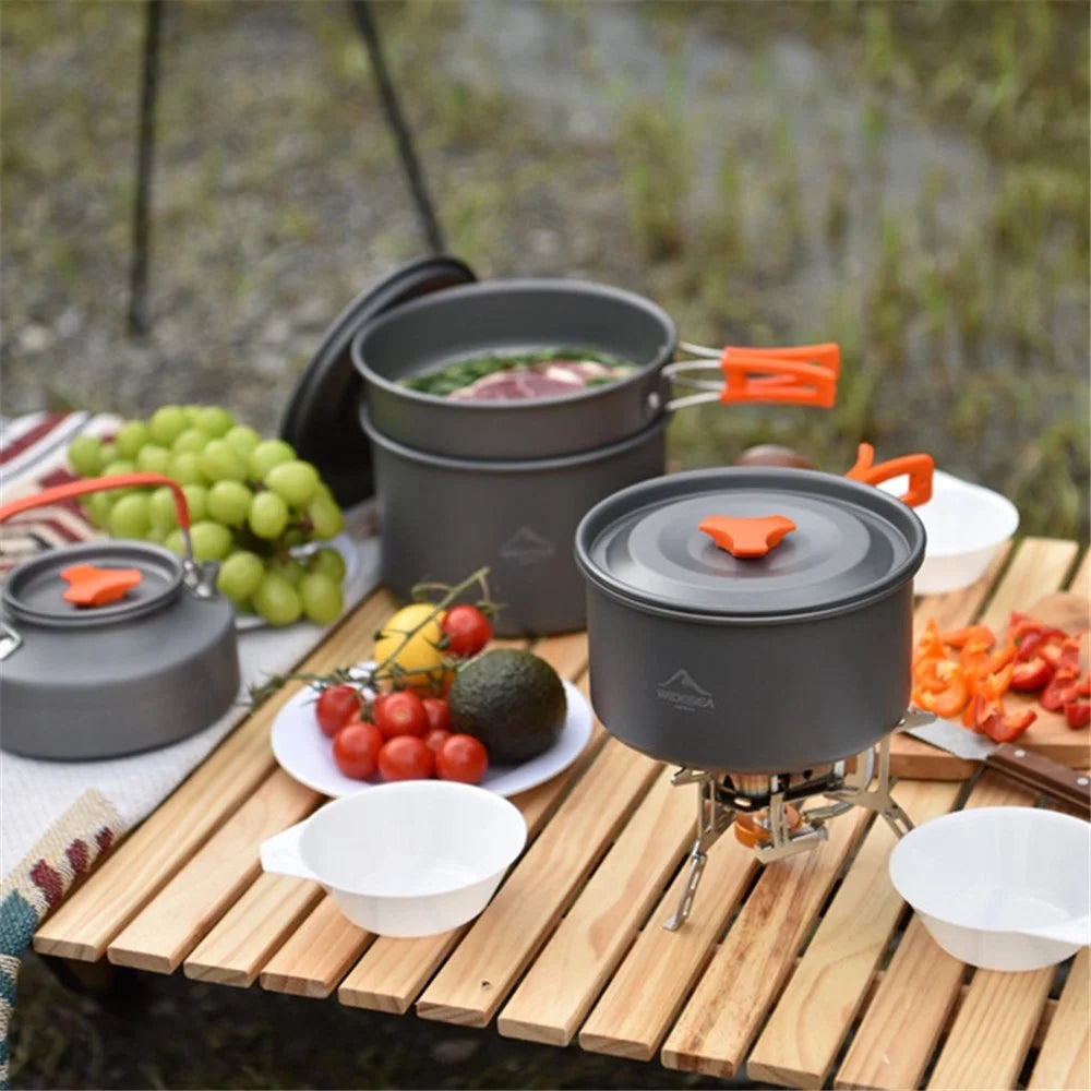 WIDESEA WSC-205J Portable Handle Pan Temperature Resistant Camping Pot Cookware Set with Water Bottle for 3-4 People (No FDA, BPA-Free) - Grey/Orange - 3