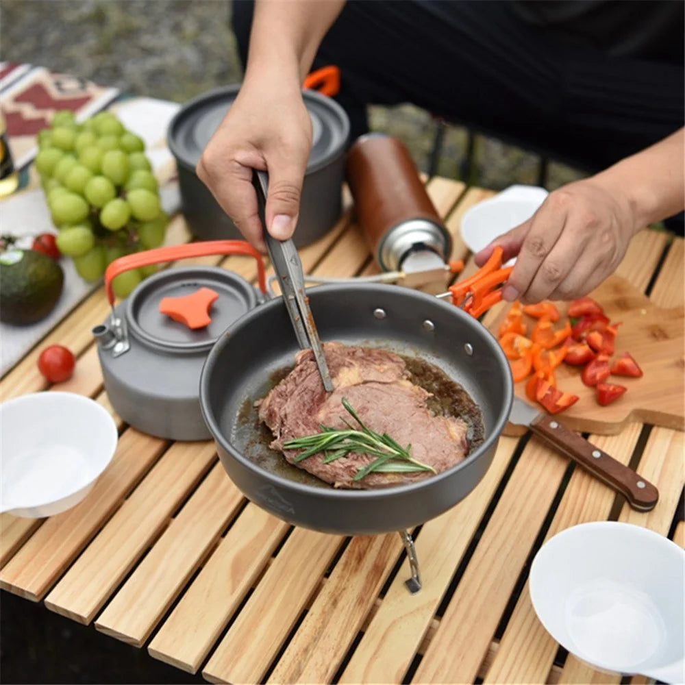 WIDESEA WSC-205J Portable Handle Pan Temperature Resistant Camping Pot Cookware Set with Water Bottle for 3-4 People (No FDA, BPA-Free) - Grey/Orange - 4