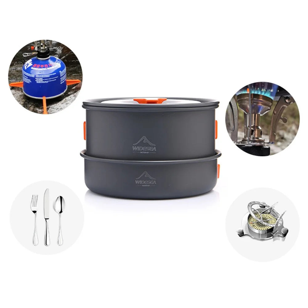 WIDESEA WSC-205J Portable Handle Pan Temperature Resistant Camping Pot Cookware Set with Water Bottle for 3-4 People (No FDA, BPA-Free) - Grey/Orange - 5