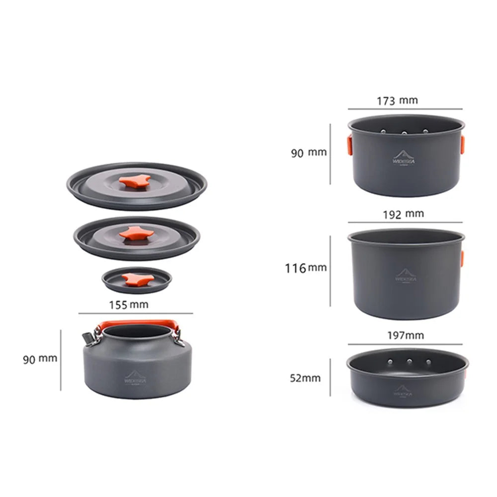 WIDESEA WSC-205J Portable Handle Pan Temperature Resistant Camping Pot Cookware Set with Water Bottle for 3-4 People (No FDA, BPA-Free) - Grey/Orange - 7