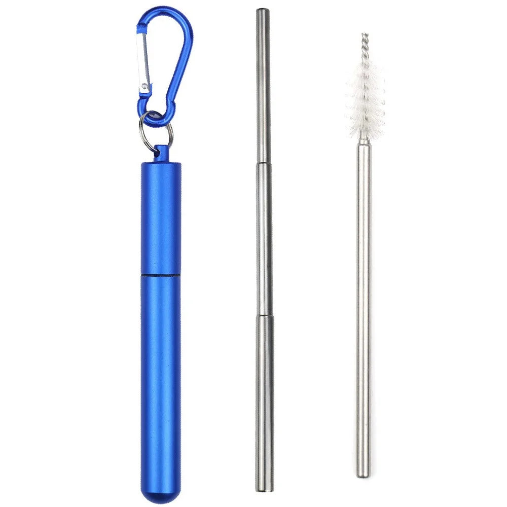 Portable 304 Stainless Steel Three Sections Telescopic Straw Beverage Milk Tea Metal Straw with Aluminum Alloy Storage Tube and Brush (No FDA Certification, BPA Free) - Blue - 1