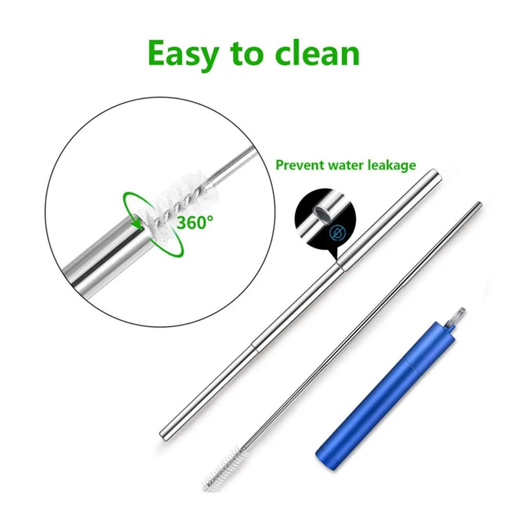 Portable 304 Stainless Steel Three Sections Telescopic Straw Beverage Milk Tea Metal Straw with Aluminum Alloy Storage Tube and Brush (No FDA Certification, BPA Free) - Blue - 4