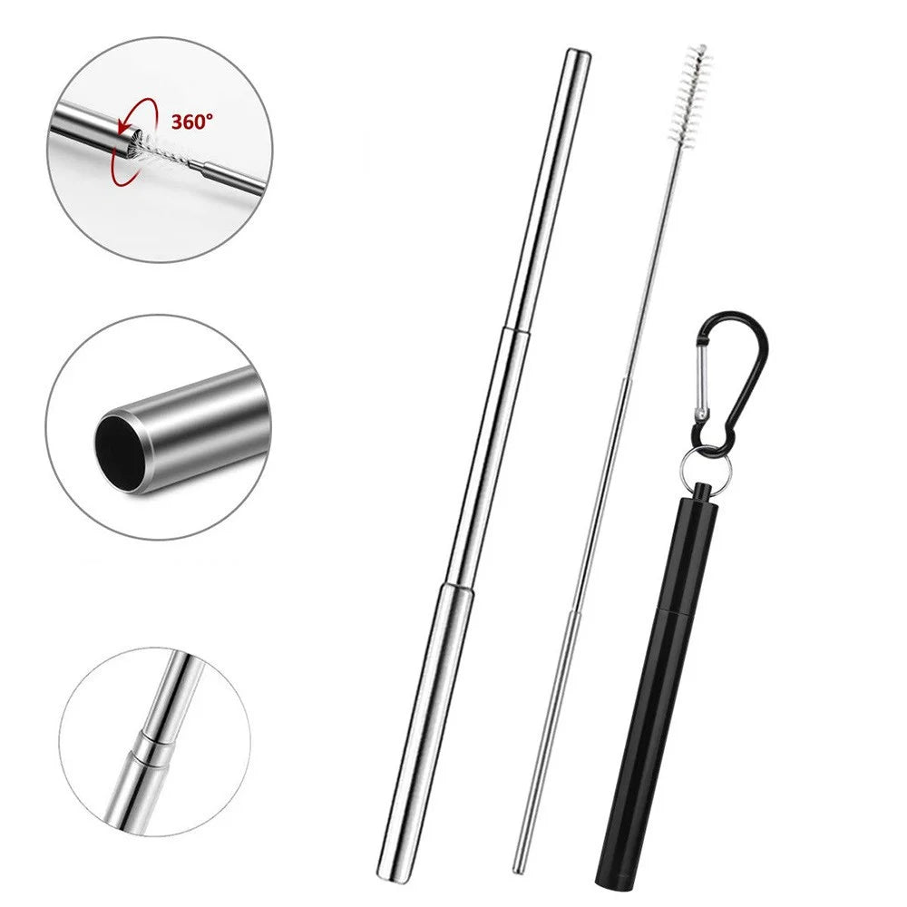 Portable 304 Stainless Steel Three Sections Telescopic Straw Beverage Milk Tea Metal Straw with Aluminum Alloy Storage Tube and Brush (No FDA Certification, BPA Free) - Blue - 6