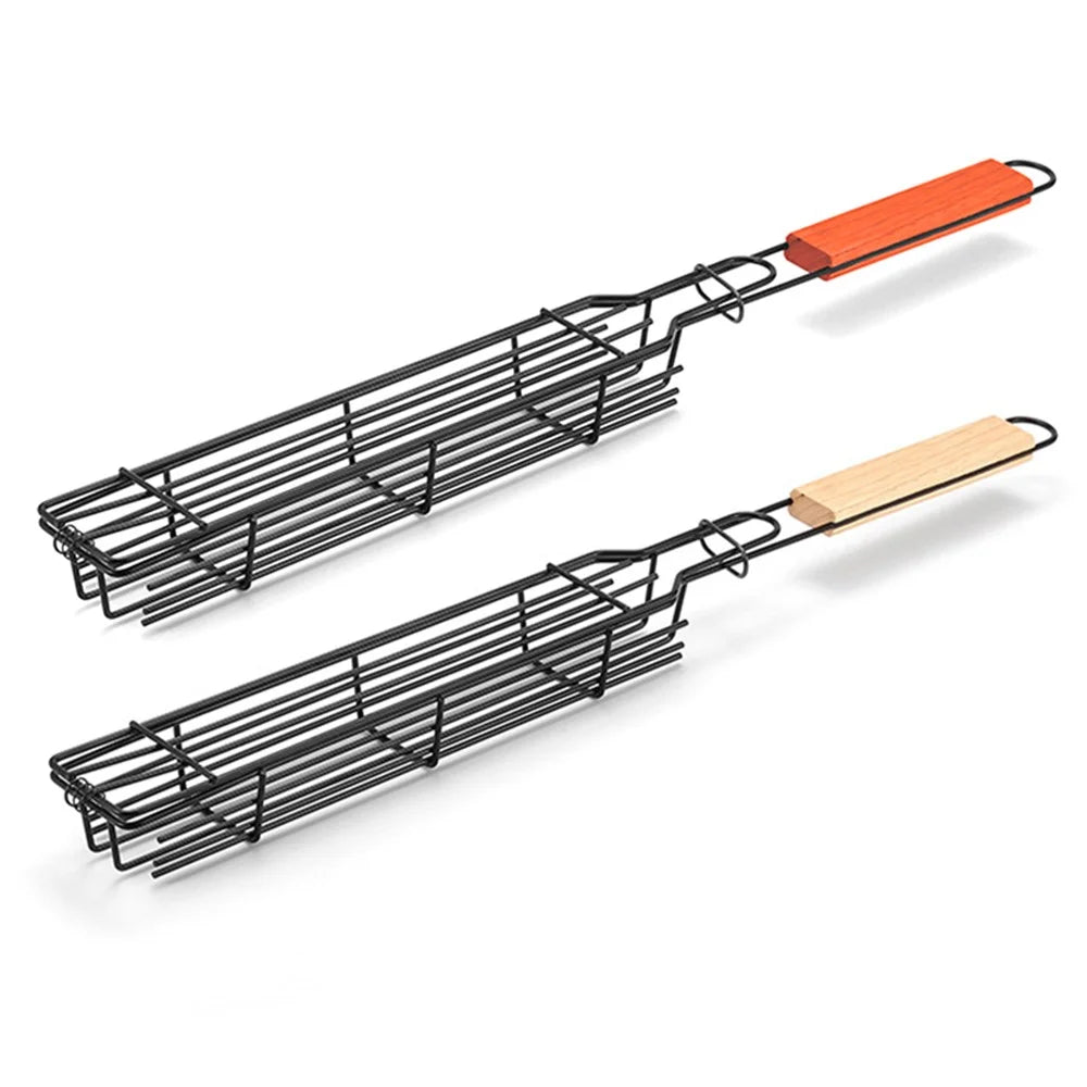 HALIN 2Pcs Outdoor Camping BBQ Grilling Basket Portable Picnic Barbecue Iron Cage with Wooden Handle (No FDA Certificate, BPA Free) - 1