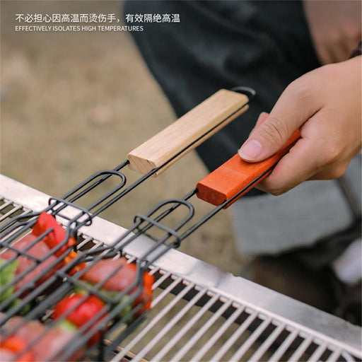 HALIN 2Pcs Outdoor Camping BBQ Grilling Basket Portable Picnic Barbecue Iron Cage with Wooden Handle (No FDA Certificate, BPA Free) - 2