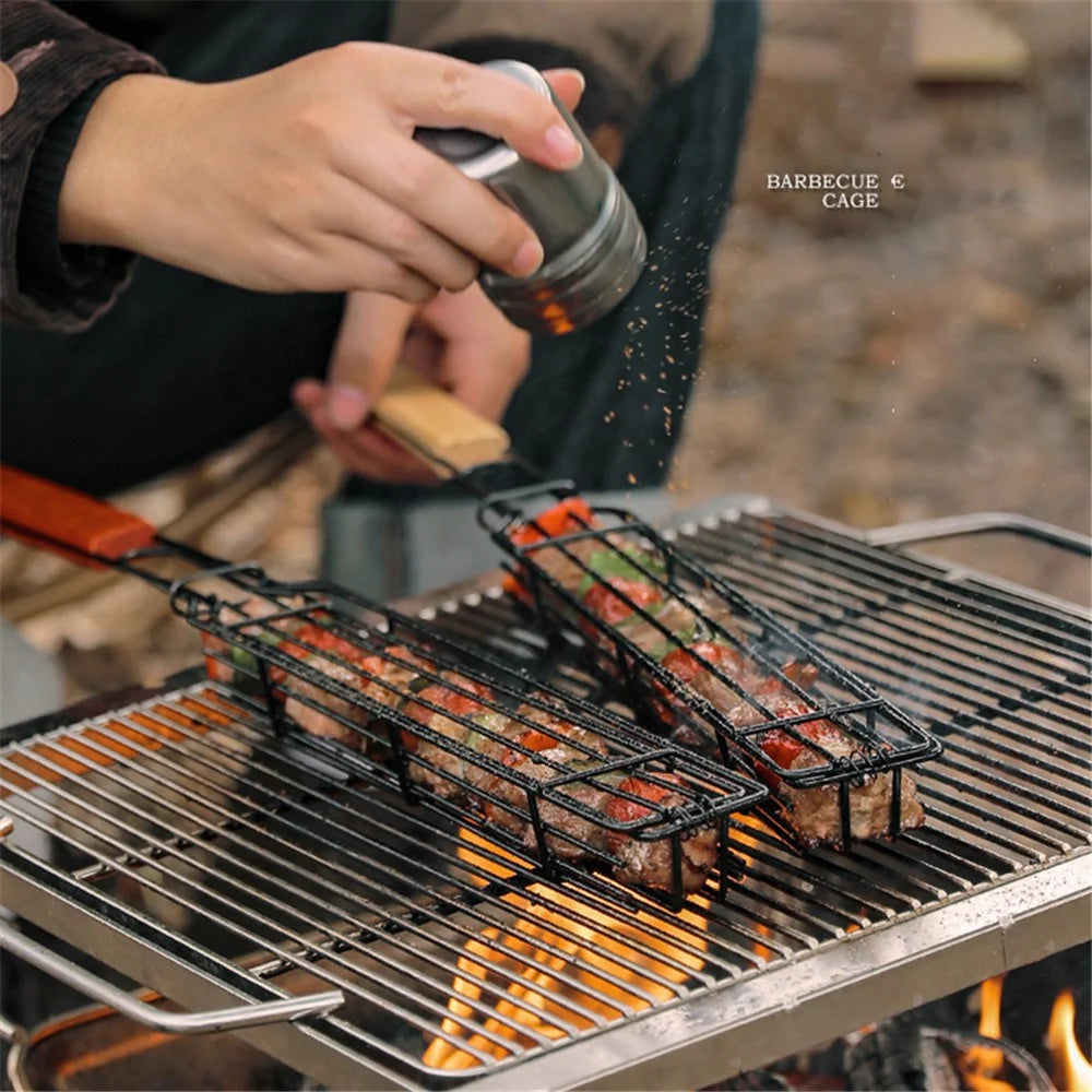 HALIN 2Pcs Outdoor Camping BBQ Grilling Basket Portable Picnic Barbecue Iron Cage with Wooden Handle (No FDA Certificate, BPA Free) - 3