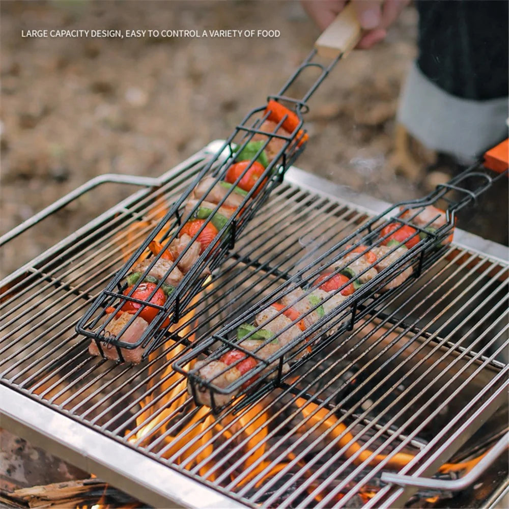 HALIN 2Pcs Outdoor Camping BBQ Grilling Basket Portable Picnic Barbecue Iron Cage with Wooden Handle (No FDA Certificate, BPA Free) - 4