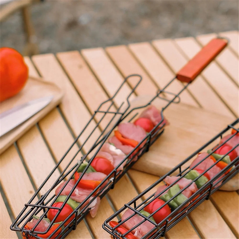 HALIN 2Pcs Outdoor Camping BBQ Grilling Basket Portable Picnic Barbecue Iron Cage with Wooden Handle (No FDA Certificate, BPA Free) - 6