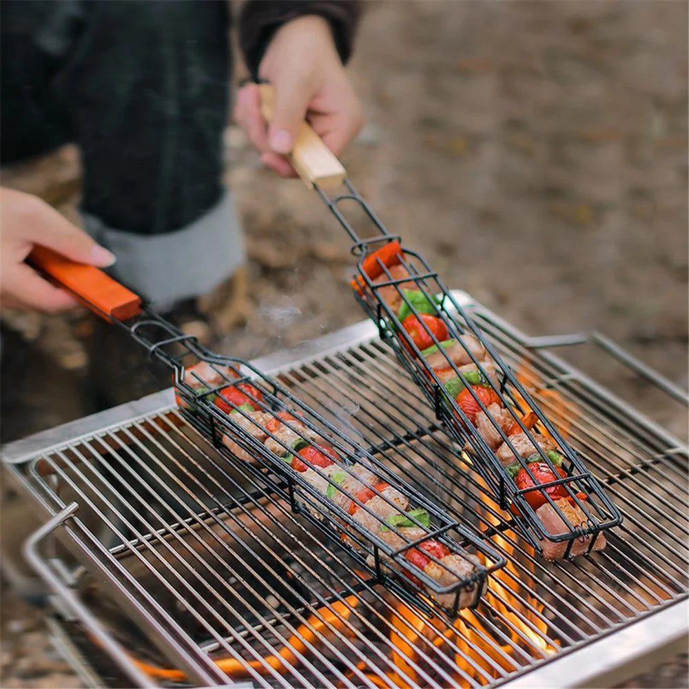 HALIN 2Pcs Outdoor Camping BBQ Grilling Basket Portable Picnic Barbecue Iron Cage with Wooden Handle (No FDA Certificate, BPA Free) - 7
