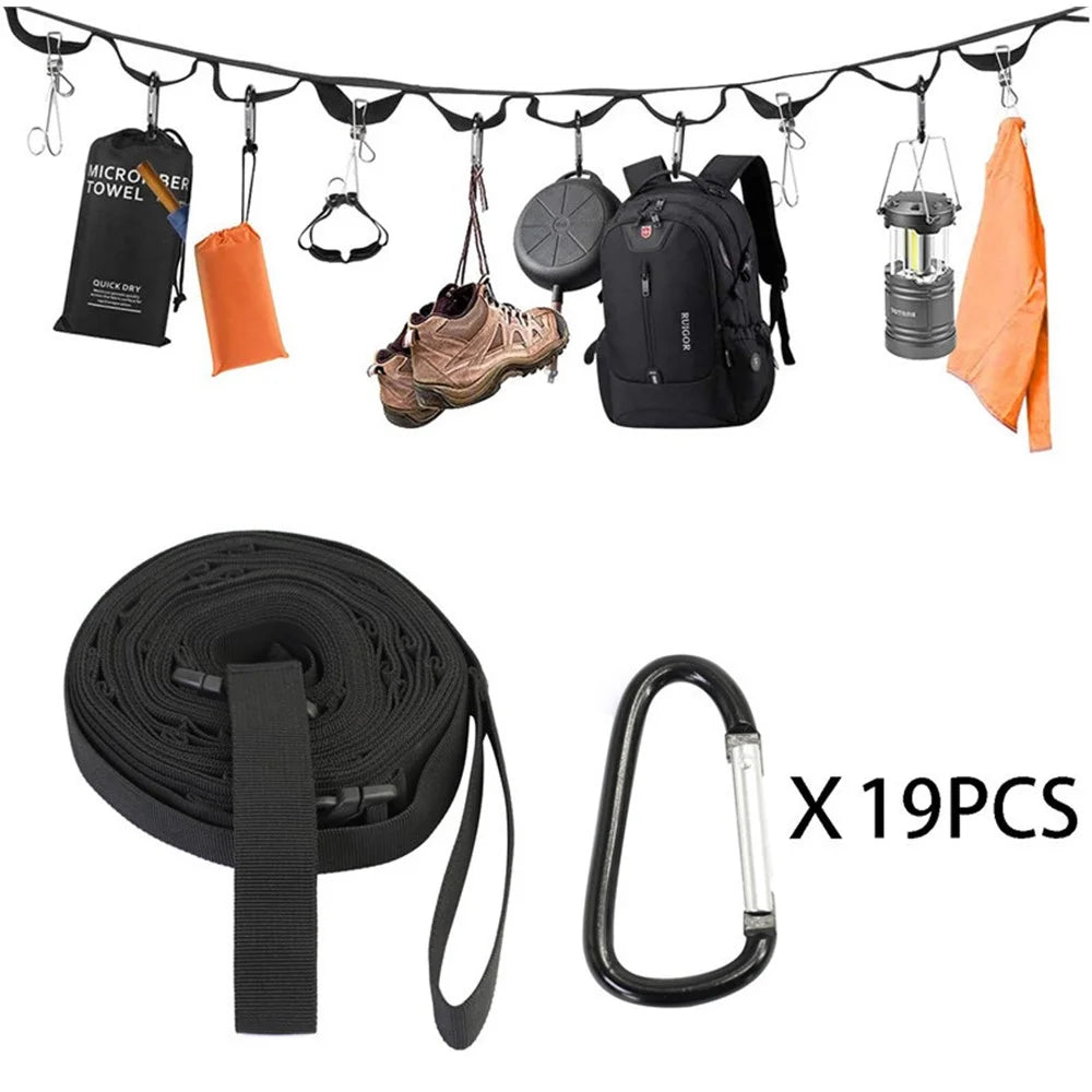 HALIN Campsite Storage Strap Outdoor Camping Hanger Clothesline Hanging Rope with 19 Carabiners - 1