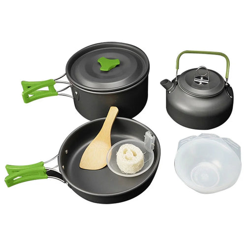 AOTU Outdoor Camping Cooking Set Pot Pan Teapot Cookware Set (No FDA Certificate, BPA-Free) - Green - 1