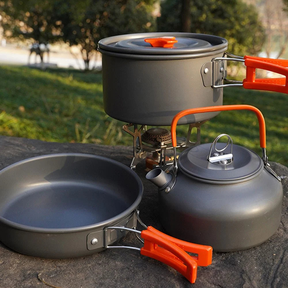 AOTU Outdoor Camping Cooking Set Pot Pan Teapot Cookware Set (No FDA Certificate, BPA-Free) - Green - 5