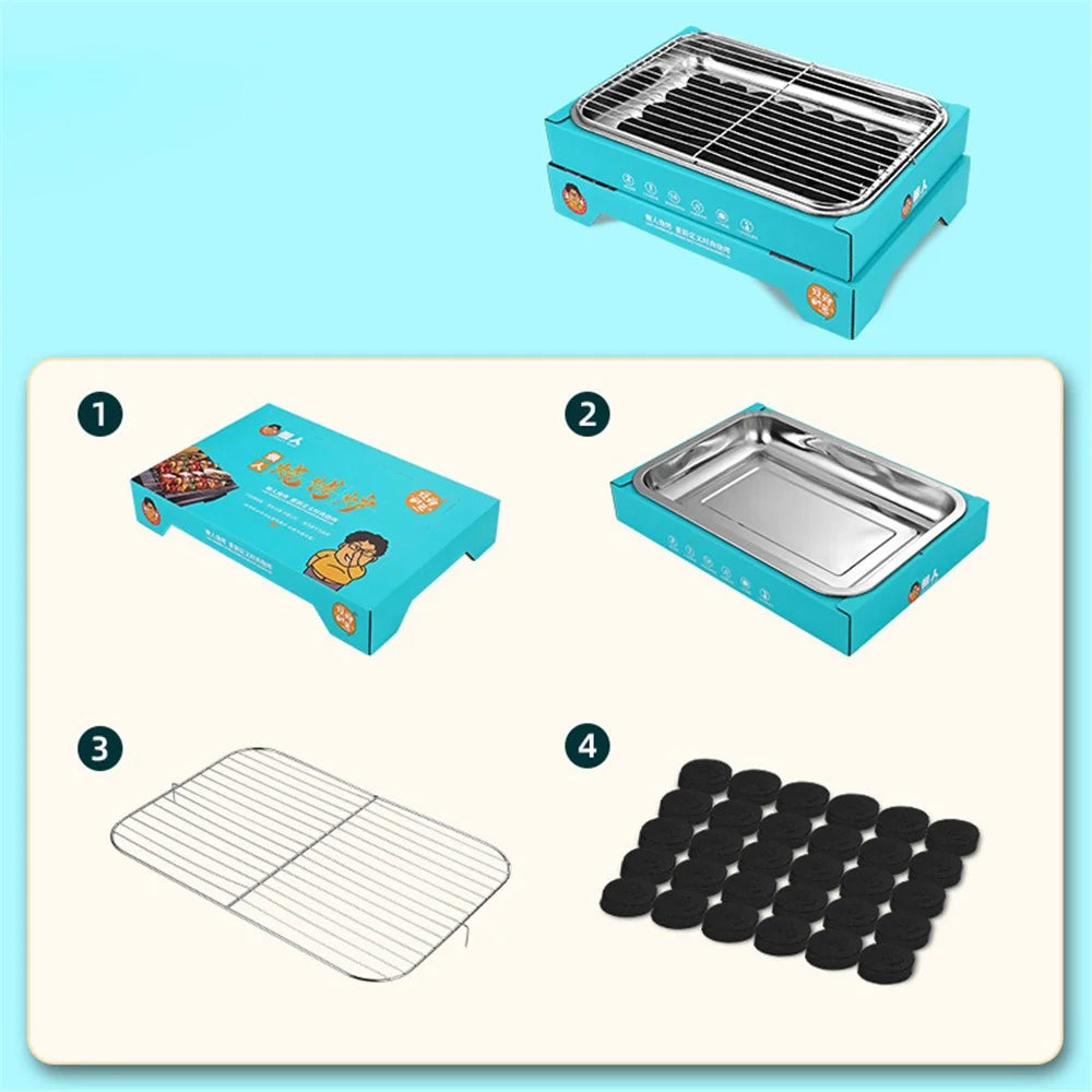 Outdoor Disposable Barbecue Stove Kraft Paper + Stainless Steel BBQ Grill Wash-free Lazy Camping Picnic Stove (BPA Free, No FDA Certification) - Blue - 2