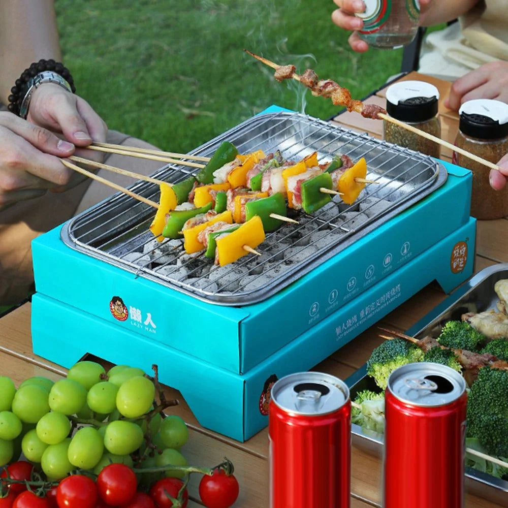 Outdoor Disposable Barbecue Stove Kraft Paper + Stainless Steel BBQ Grill Wash-free Lazy Camping Picnic Stove (BPA Free, No FDA Certification) - Blue - 3