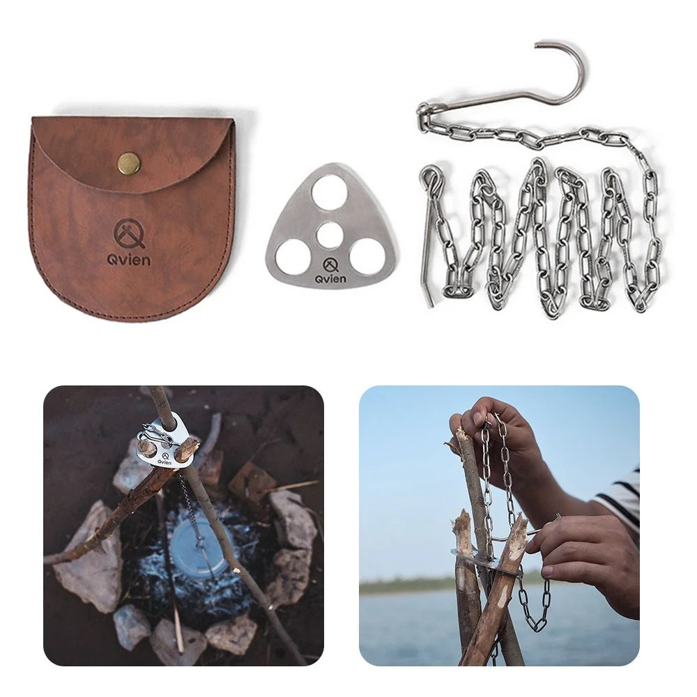 QVIEN QV-V01 Camping Tripod Board Stainless Steel Campire Support Plate with Hook Chain Turn Branches into Campfire Tripod - 1