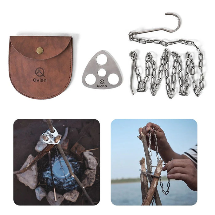 QVIEN QV-V01 Camping Tripod Board Stainless Steel Campire Support Plate with Hook Chain Turn Branches into Campfire Tripod - 1
