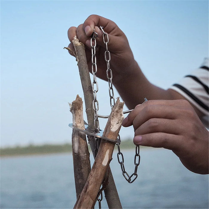 QVIEN QV-V01 Camping Tripod Board Stainless Steel Campire Support Plate with Hook Chain Turn Branches into Campfire Tripod - 4