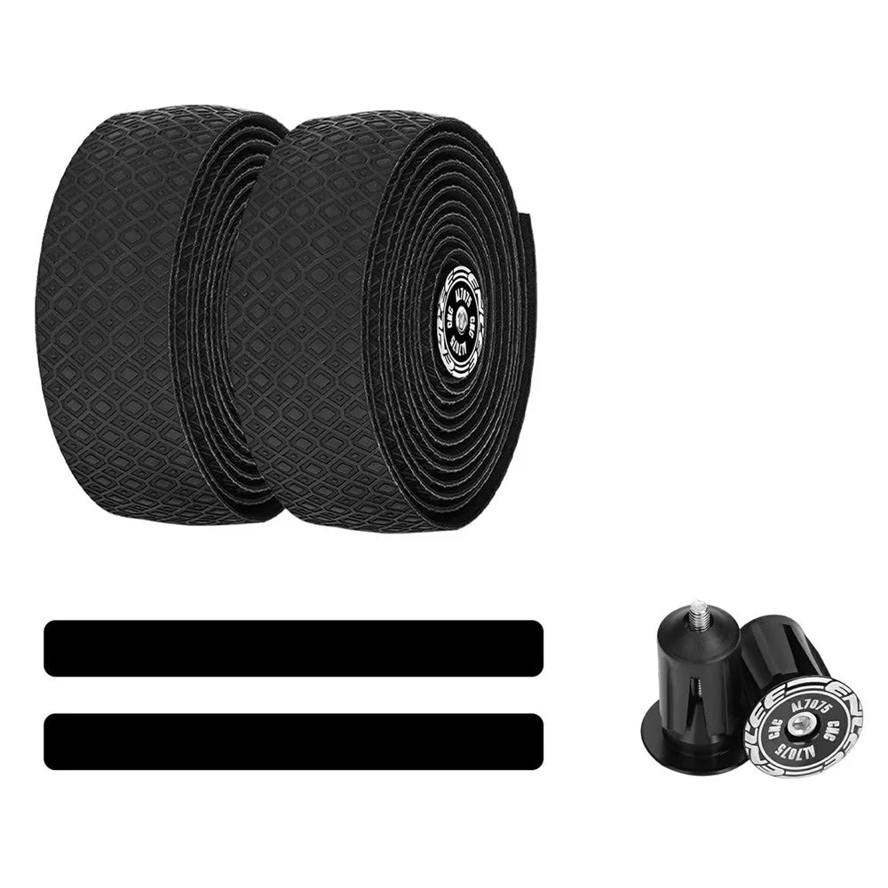 ENLEE 2Pcs Bicycle Handlebar Tape with Bar End Plugs Shock Absorption PU Leather + EVA Road Bike Bar Tape - Black - 1