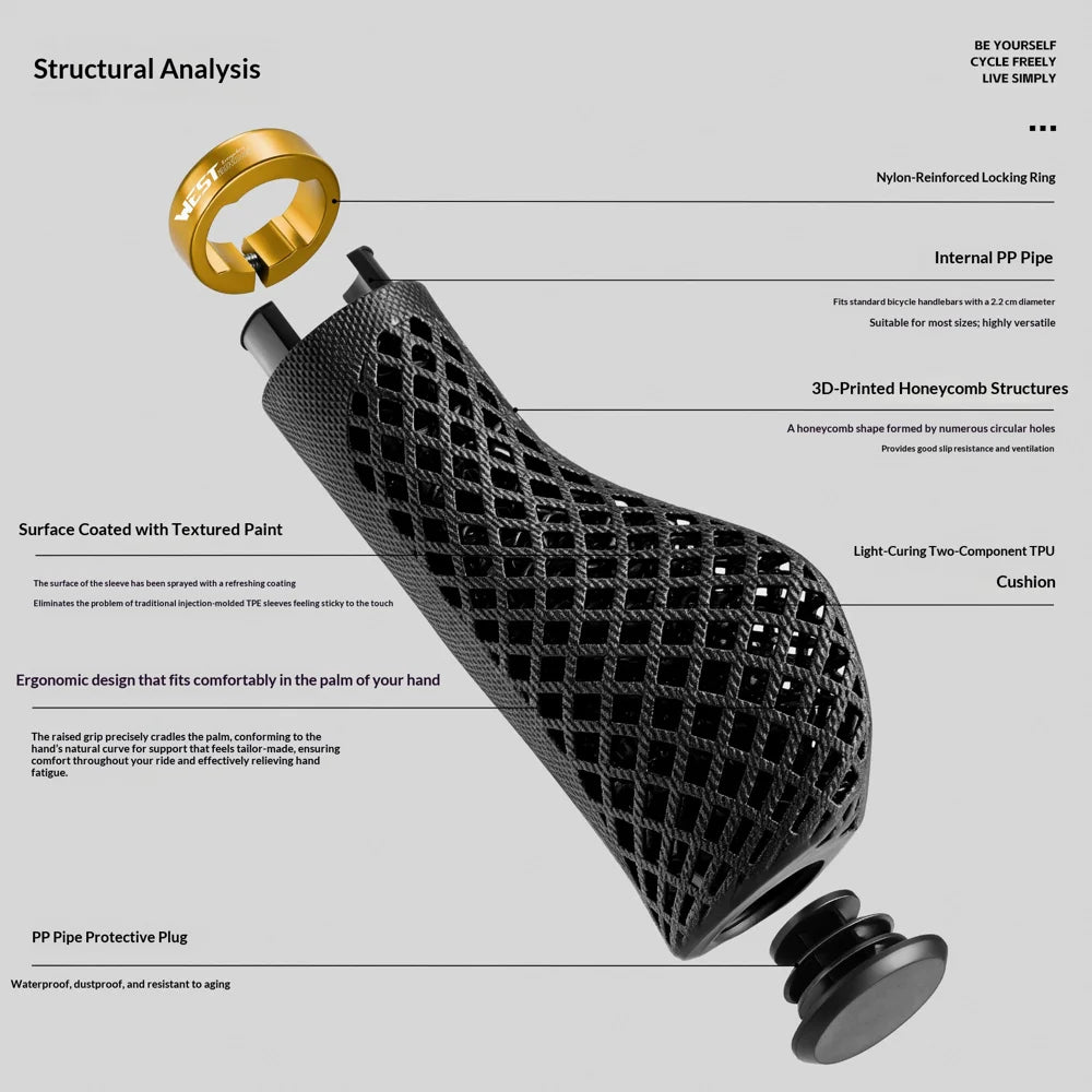 WEST BIKING YP0804100 3D Printed Bike Grips Anti-slip Shock Absorbing Handlebar Grips with Aluminum Alloy Lock Ring - Black - 4