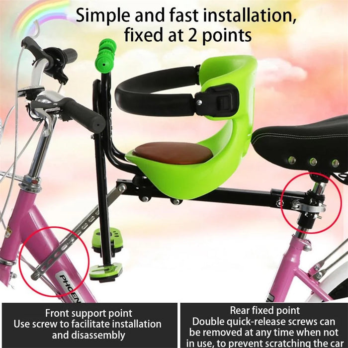 Bike Front-Mounted Children Bike Seat Bicycle Kids Carrier with Guardrail, Handrail and Pedal - Green - 4