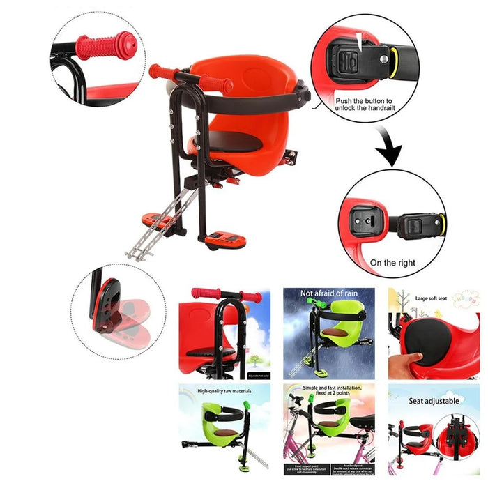 Bike Front-Mounted Children Bike Seat Bicycle Kids Carrier with Guardrail, Handrail and Pedal - Green - 6