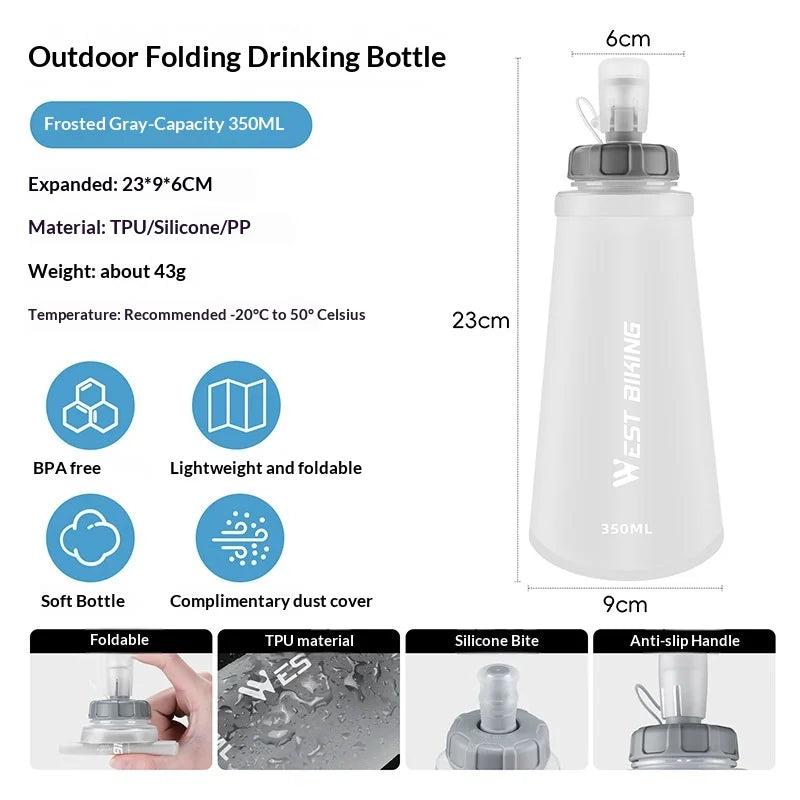 WEST BIKING YP0713024 350ml TPU Squeeze Hydration Pack Collapsible Sports Water Bottle for Running Cycling (BPA Free, No FDA) - Matte Gray - 7